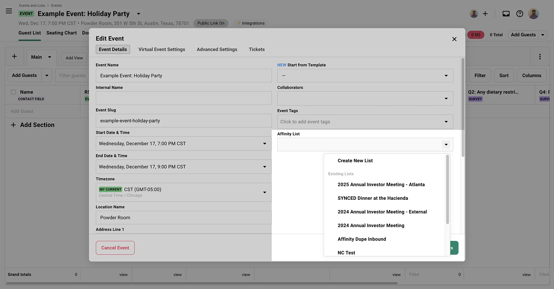 Screenshot showing Affinity list dropdown in event settings
