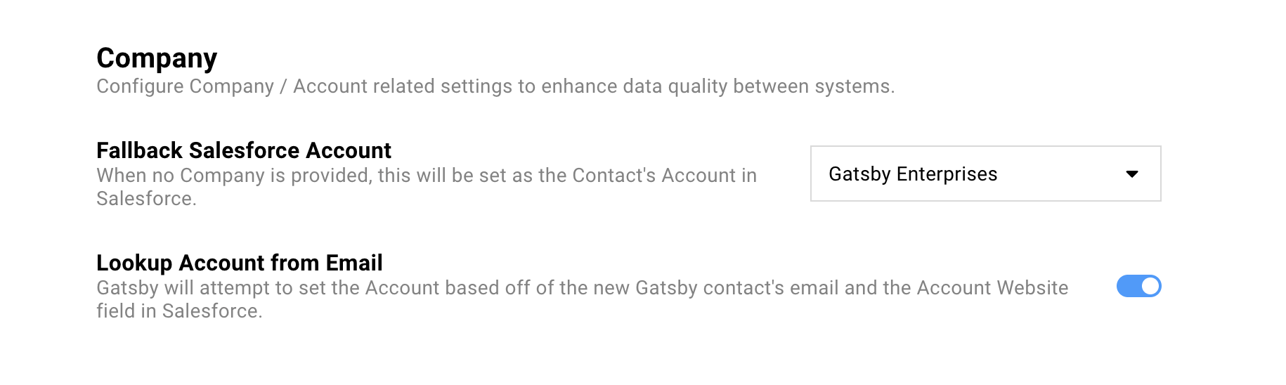 Screenshot showing settings for how your guests will be matched to Salesforce accounts/companies.