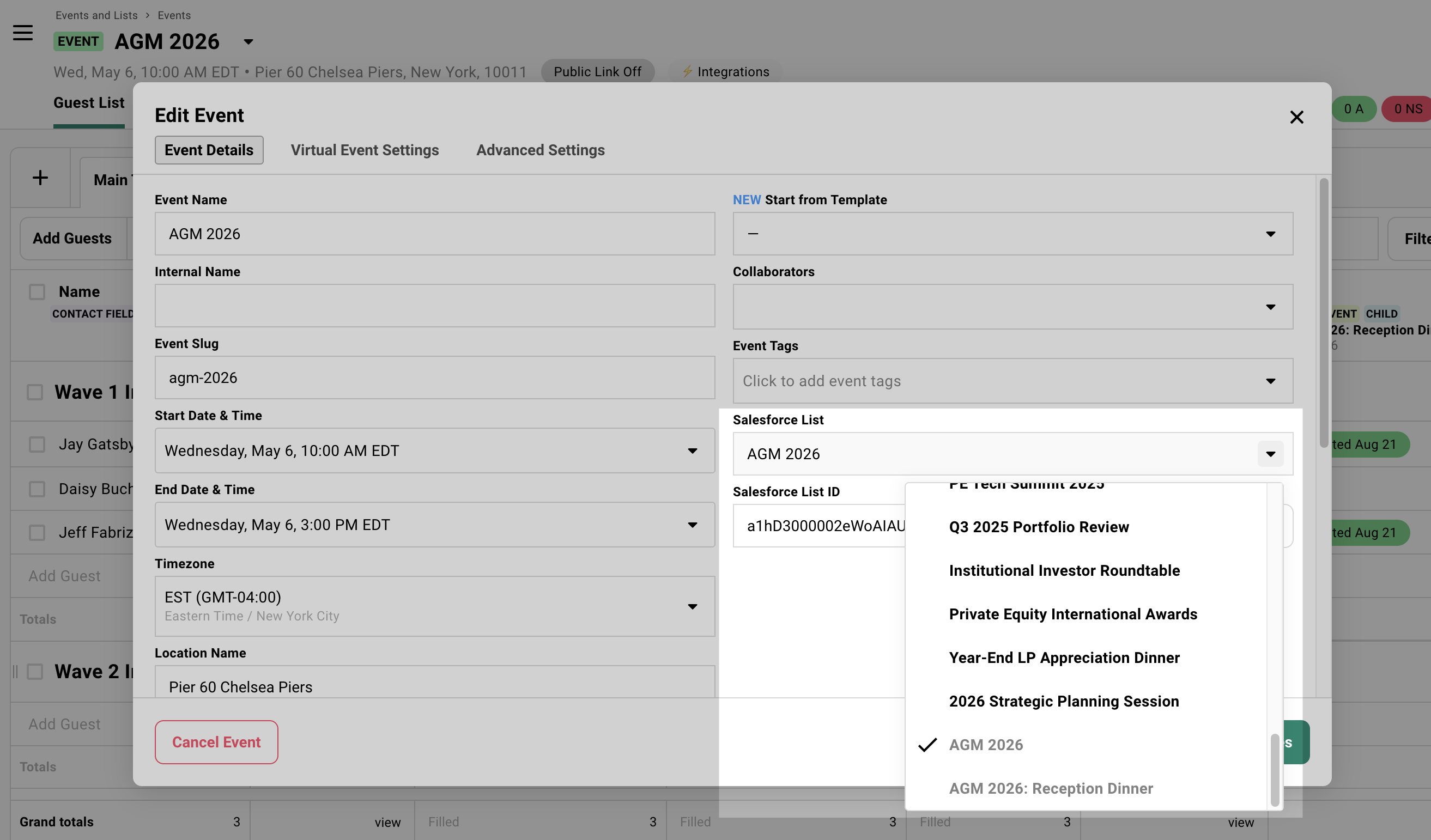 Screenshot of selecting a Salesforce Campaign when creating/editing event details.