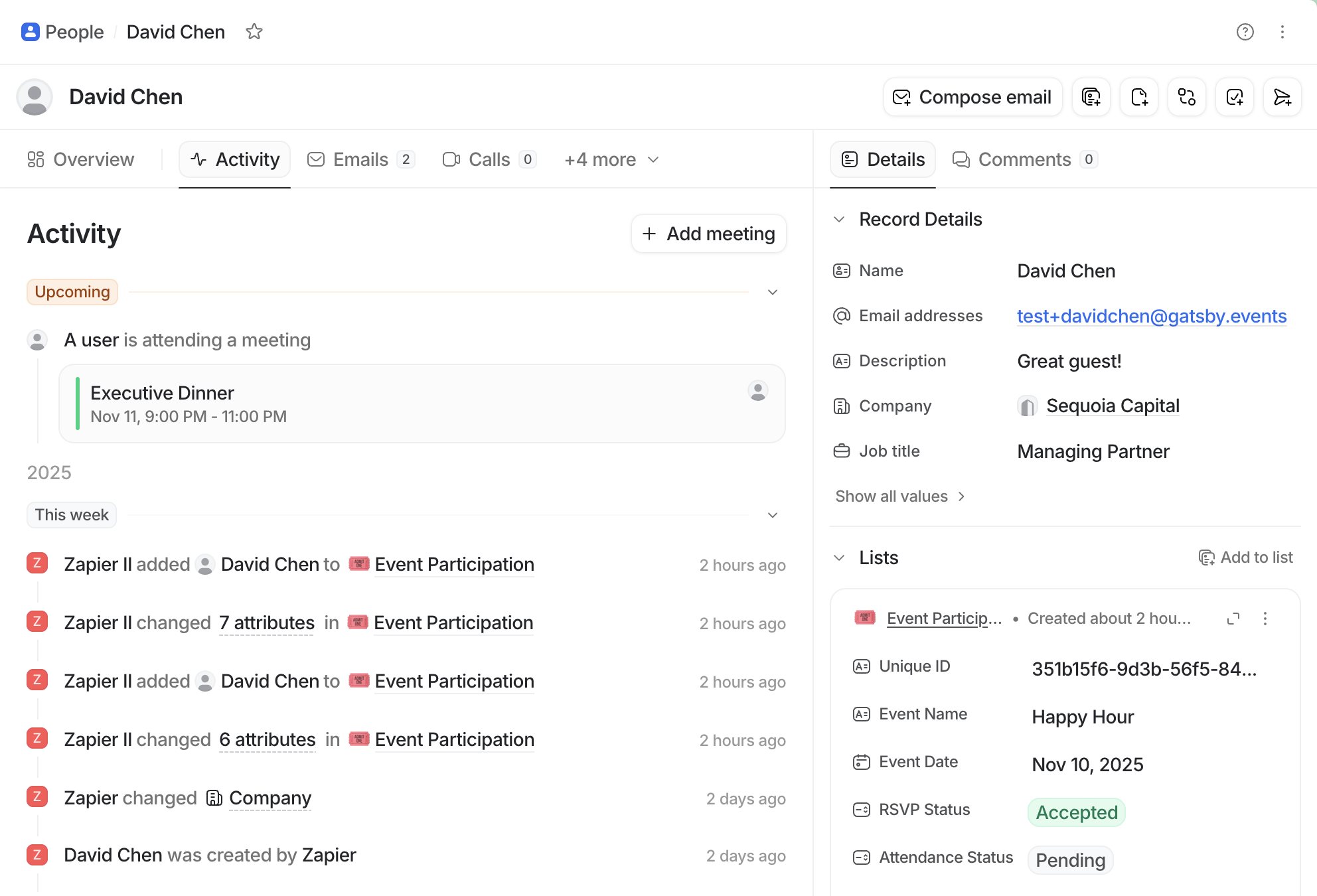 Screenshot from Attio showing a Person Record in Attio with event engagement data
