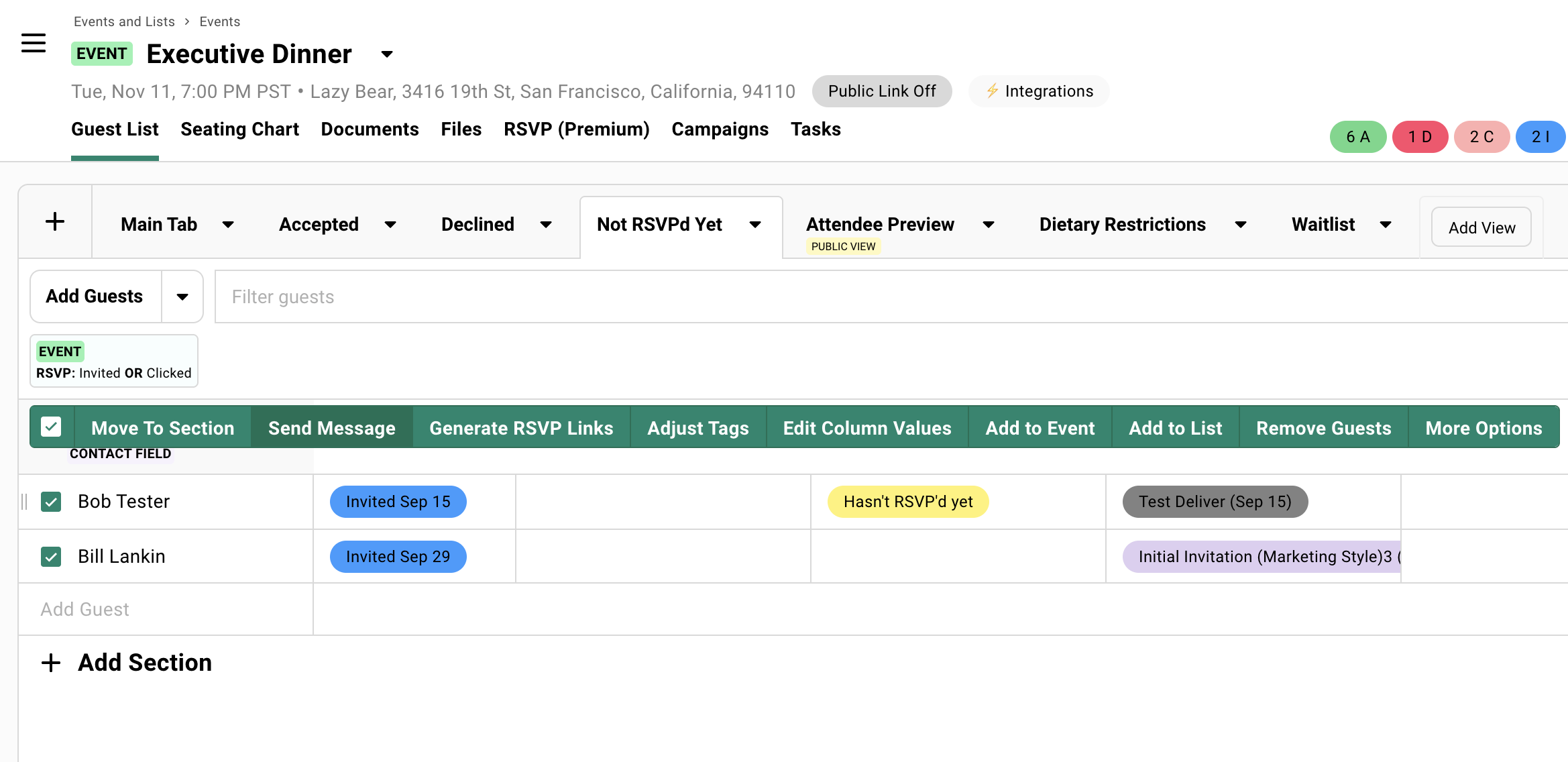 Showing guest list with filters by RSVP status.