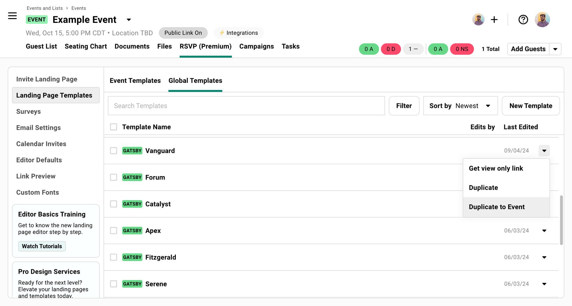 The global templates list for selecting a registration website.