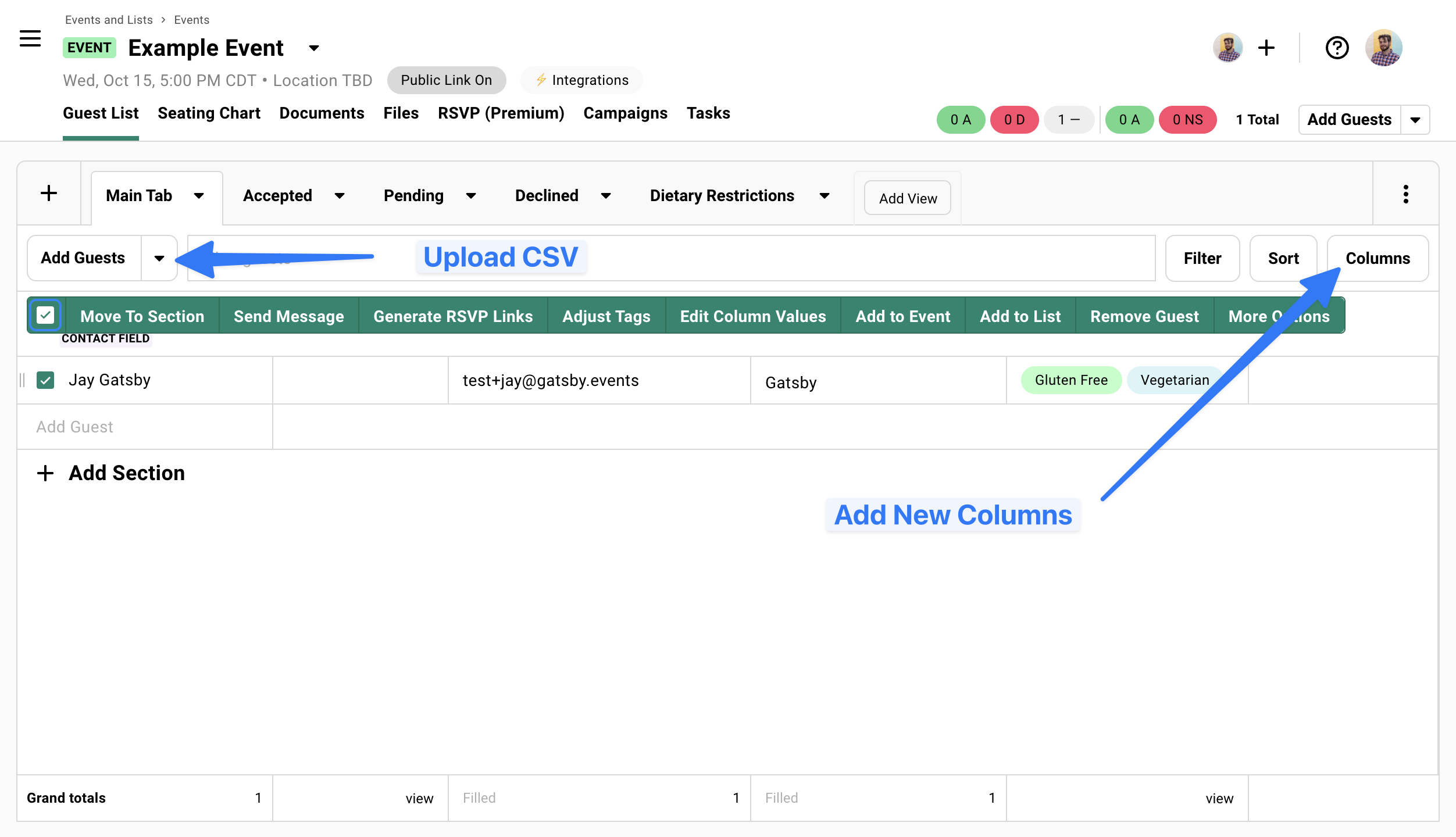 Where to add guests and adjust columns on your guest list.