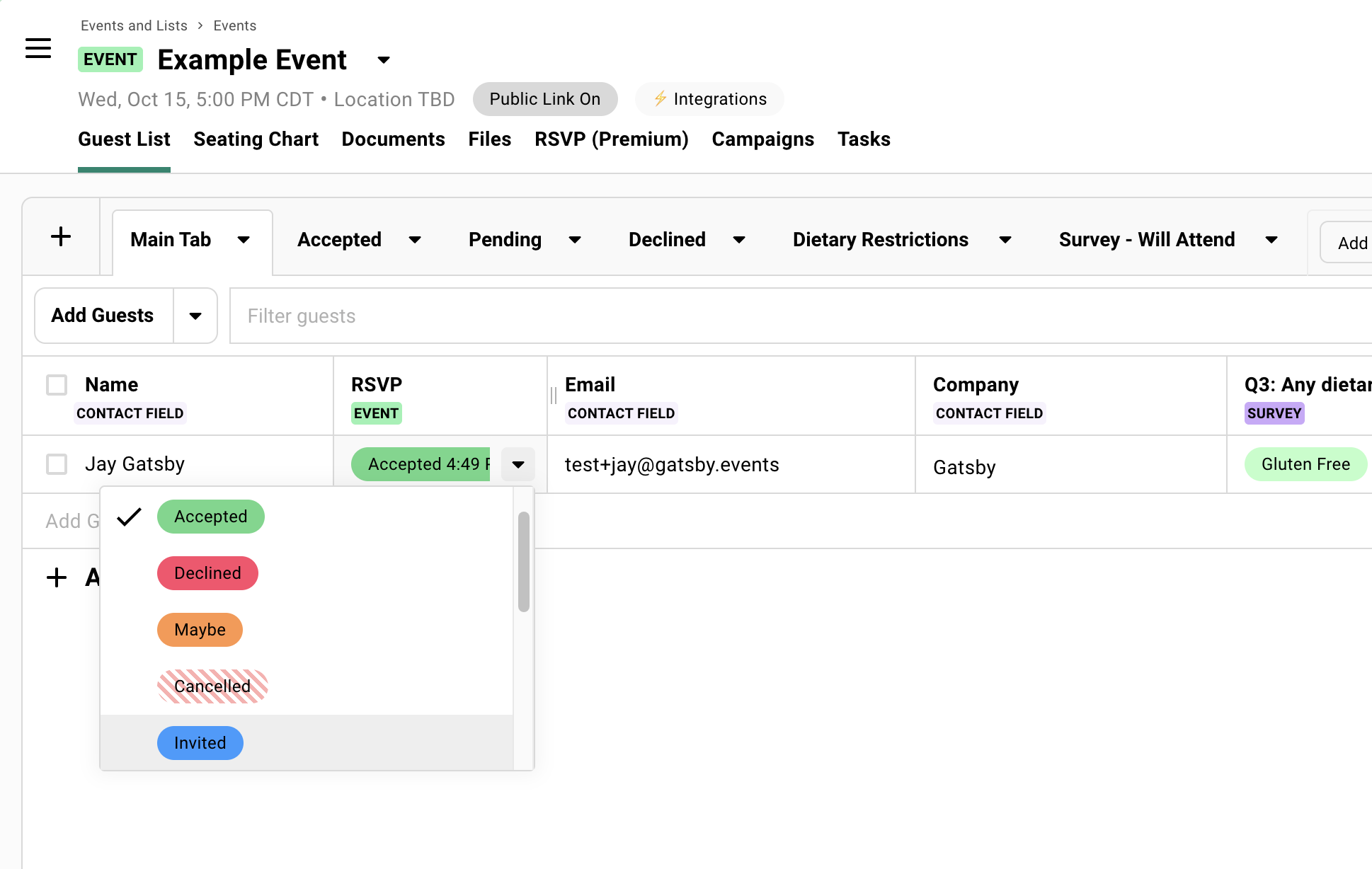 Showing different RSVP statuses on the guest list.