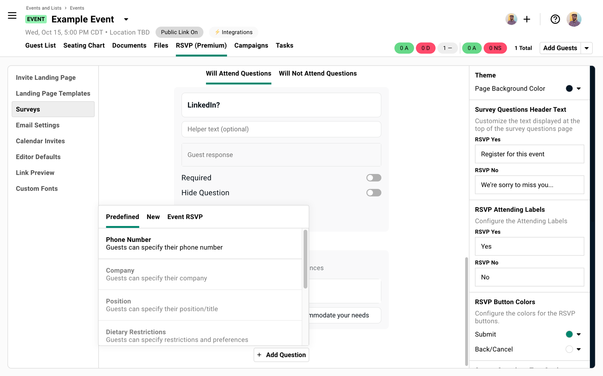 Event registration survey form builder in Gatsby.