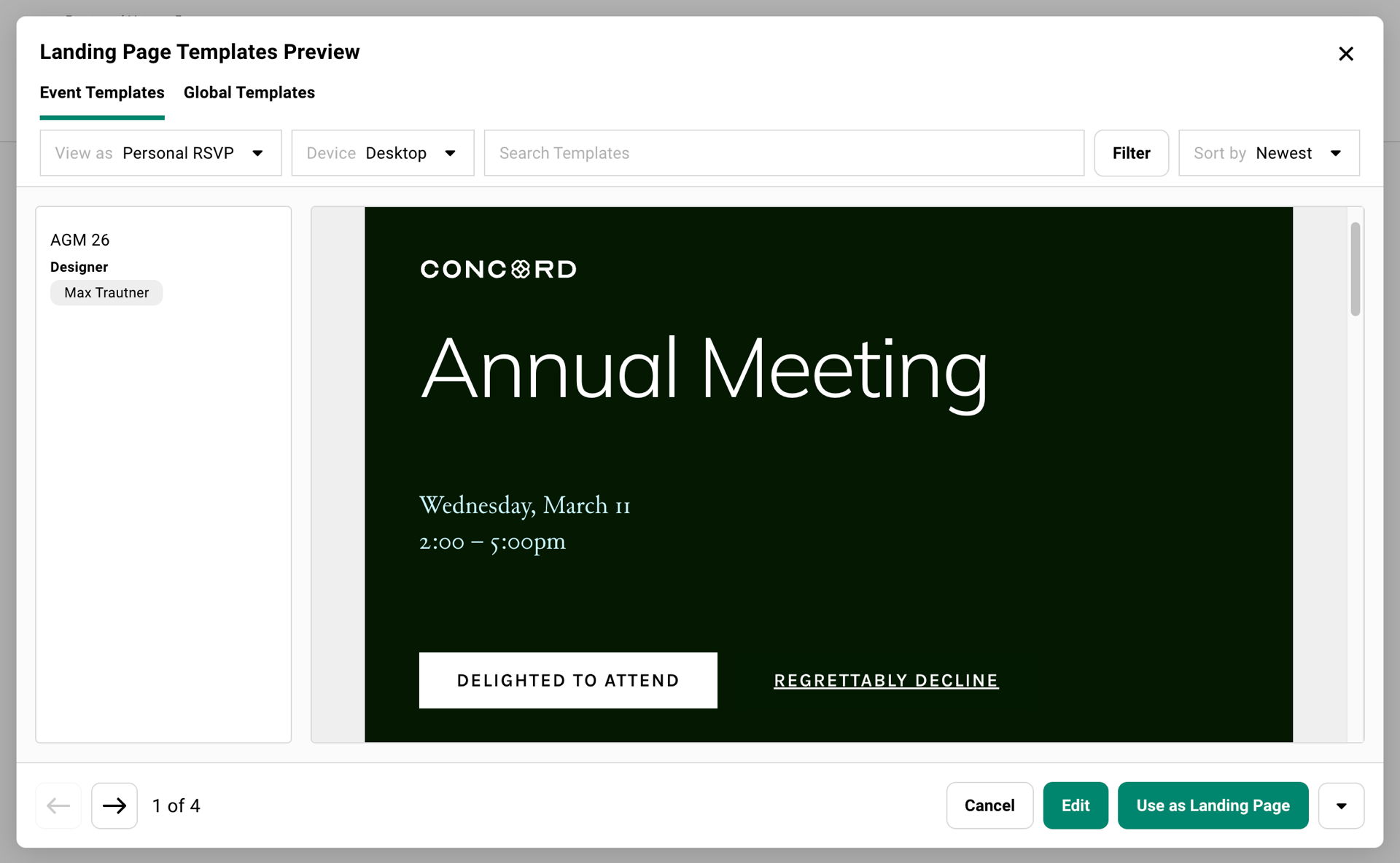 Preview window of a Gatsby landing page registration website.