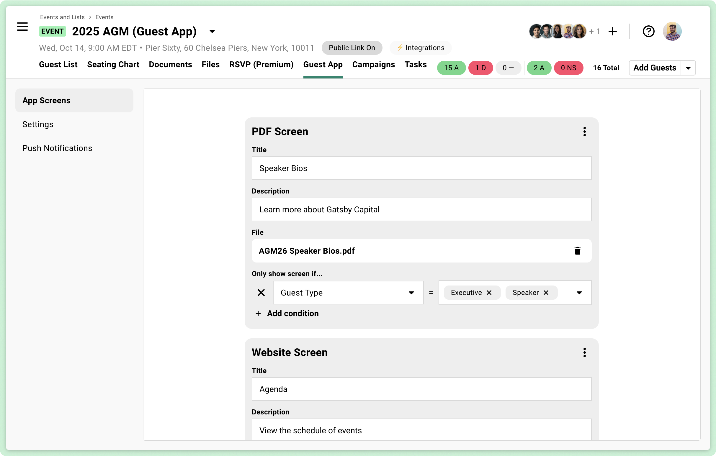 Screenshot showing Gatsby's guest app screens page
