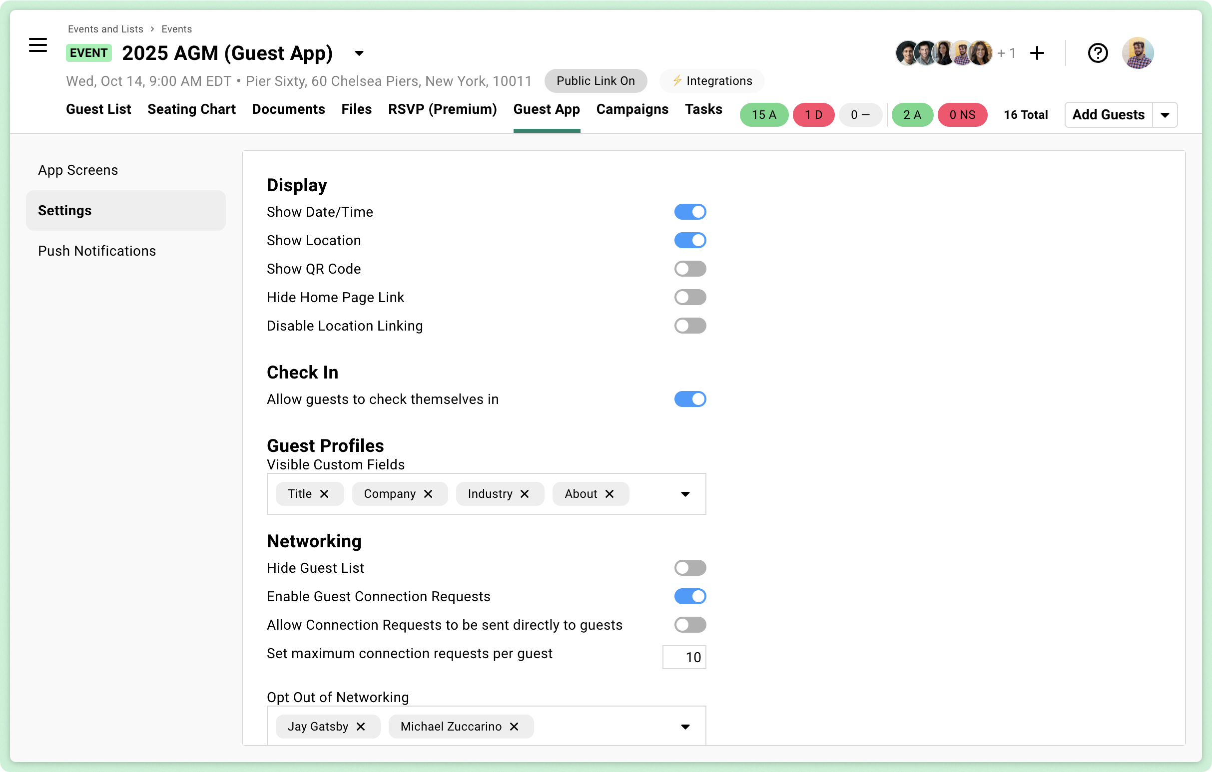 Screenshot of Gatsby's settings for the Guest App.
