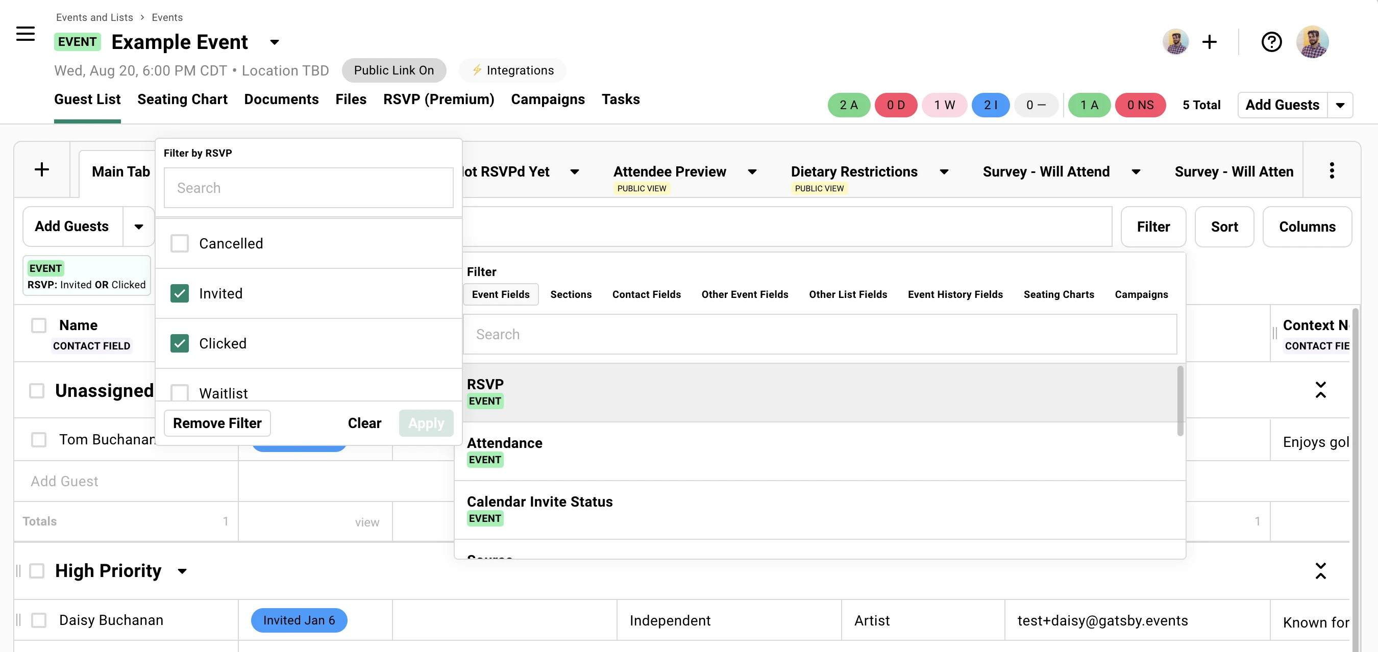 Screenshot showing how to filter by RSVP status on the guest list