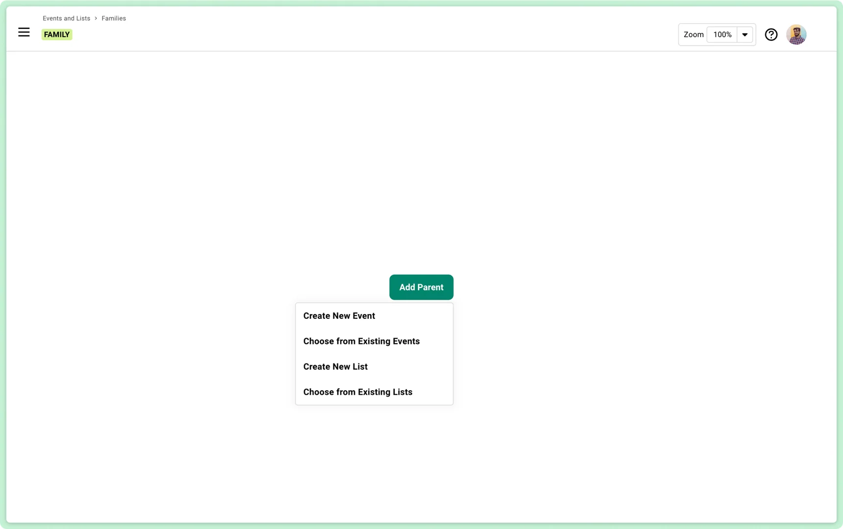 Screenshot showing where to create a new parent event in the event family