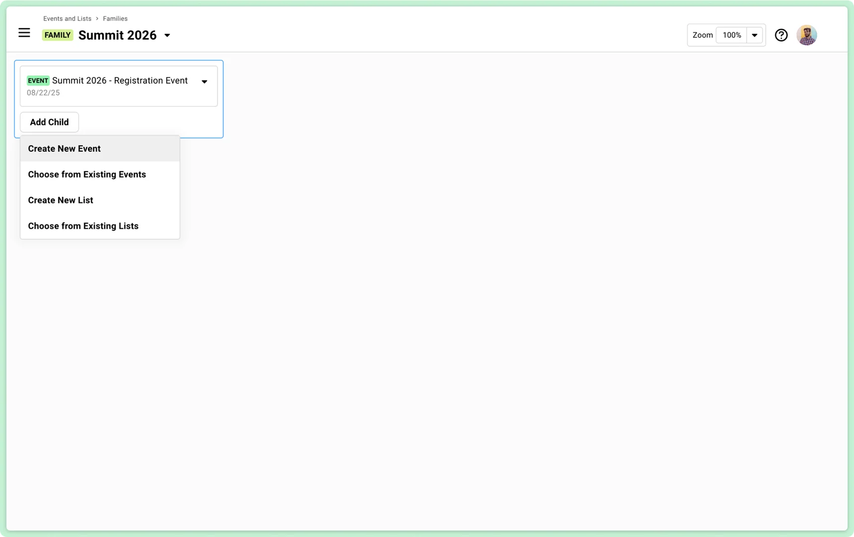 Screenshot showing how to add a child to a parent event