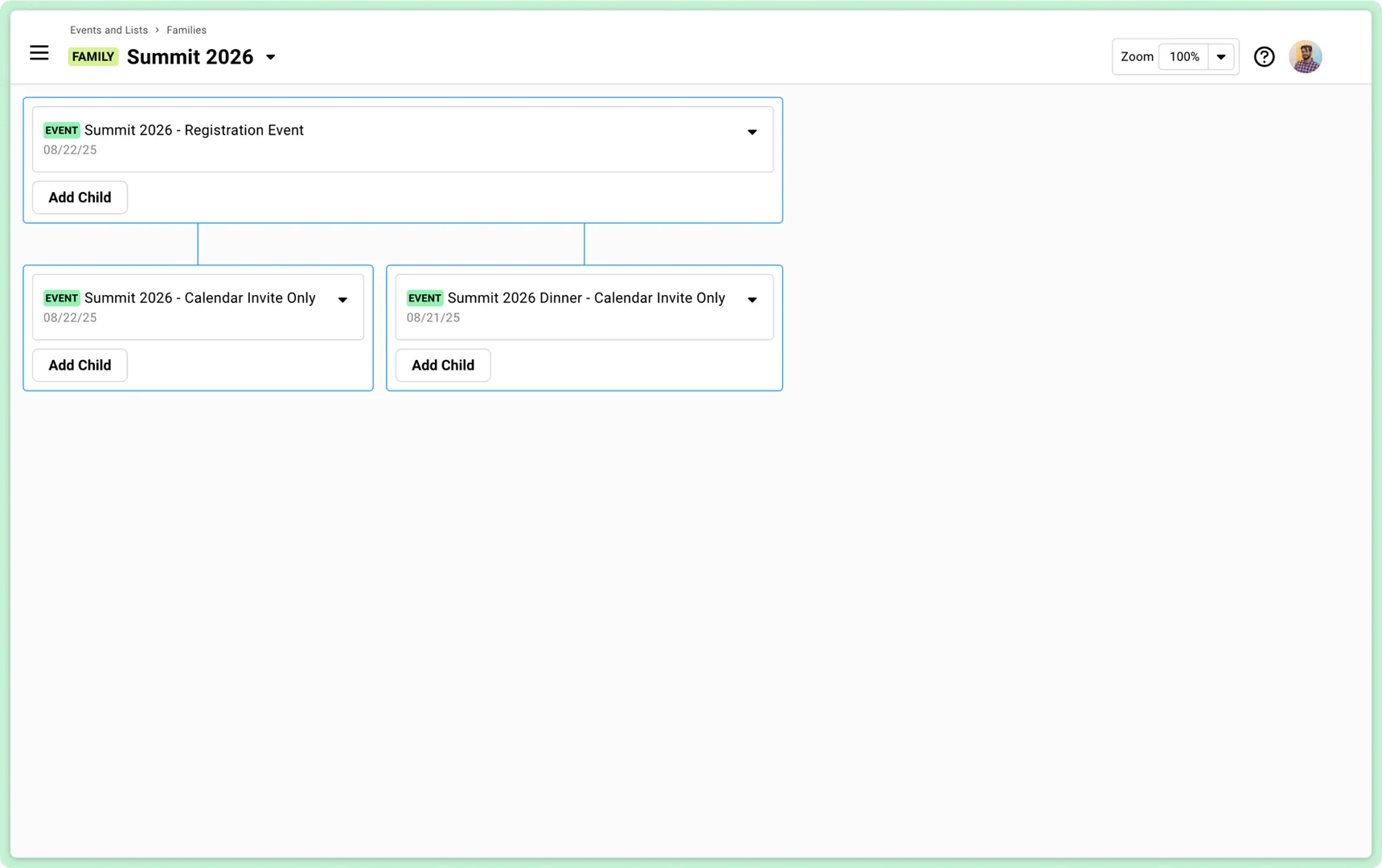 Screenshot showing a complete event family setup