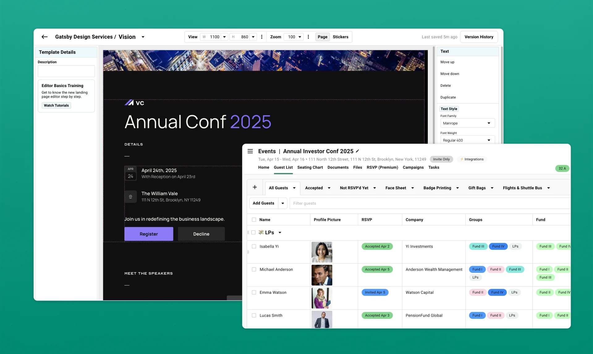 A preview of Gatsby, including a screenshot of the guest list and registration landing page.