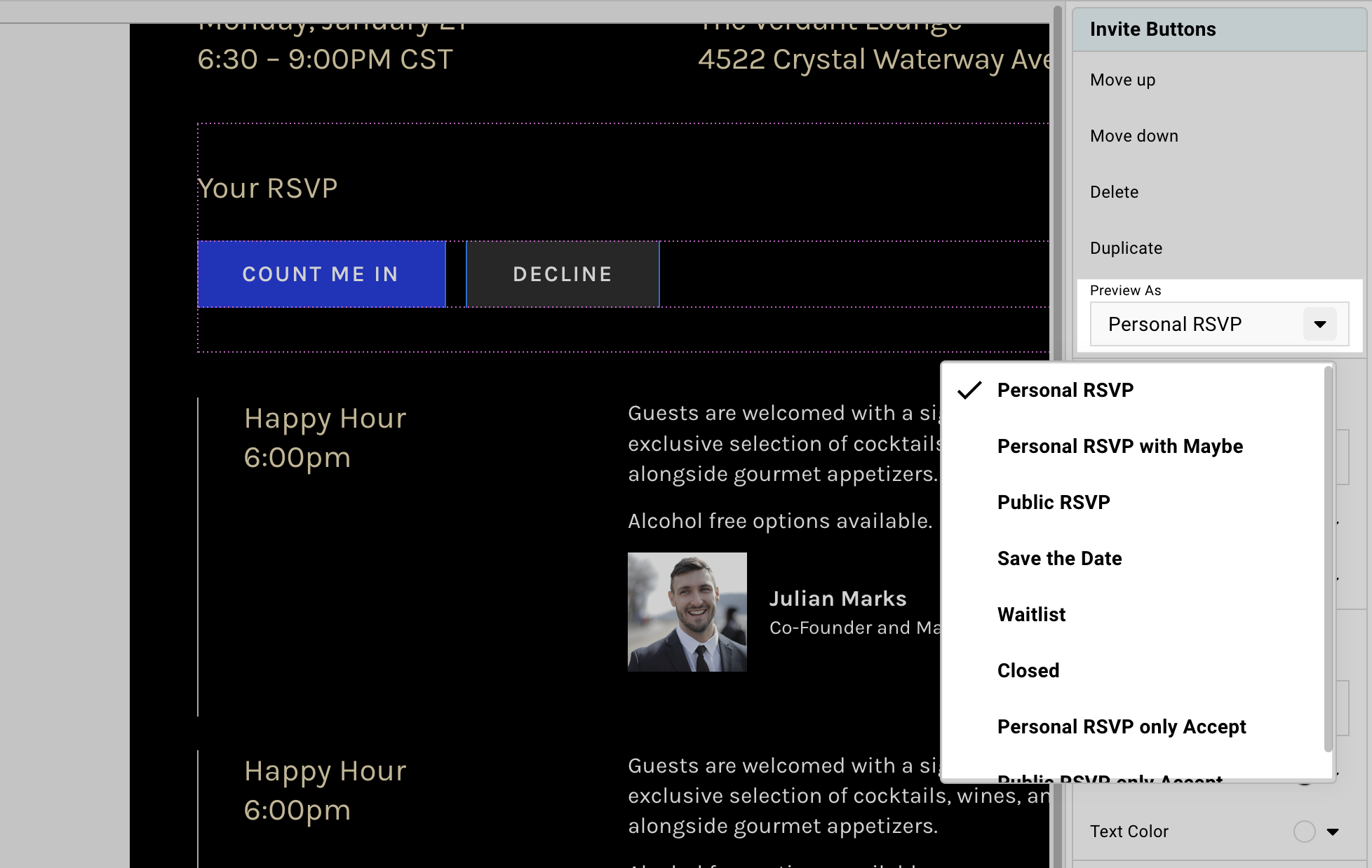 Screenshot showing different RSVP registration button modes in Gatsby
