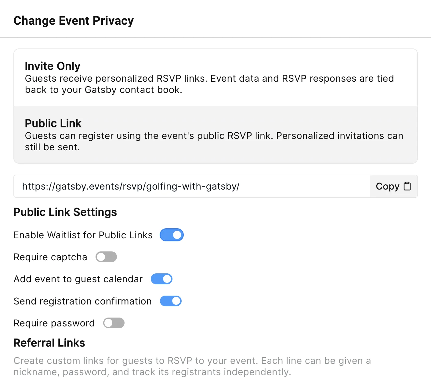 Screenshot showing the public link settings