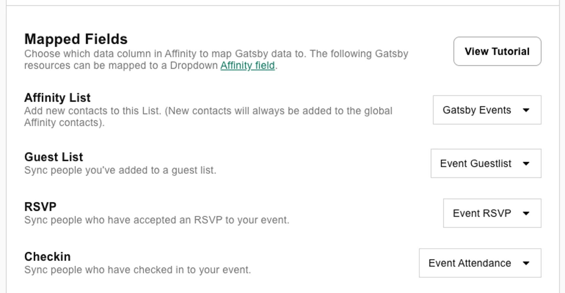 Screenshot showing Gatsby integration settings with Affinity field mapping
