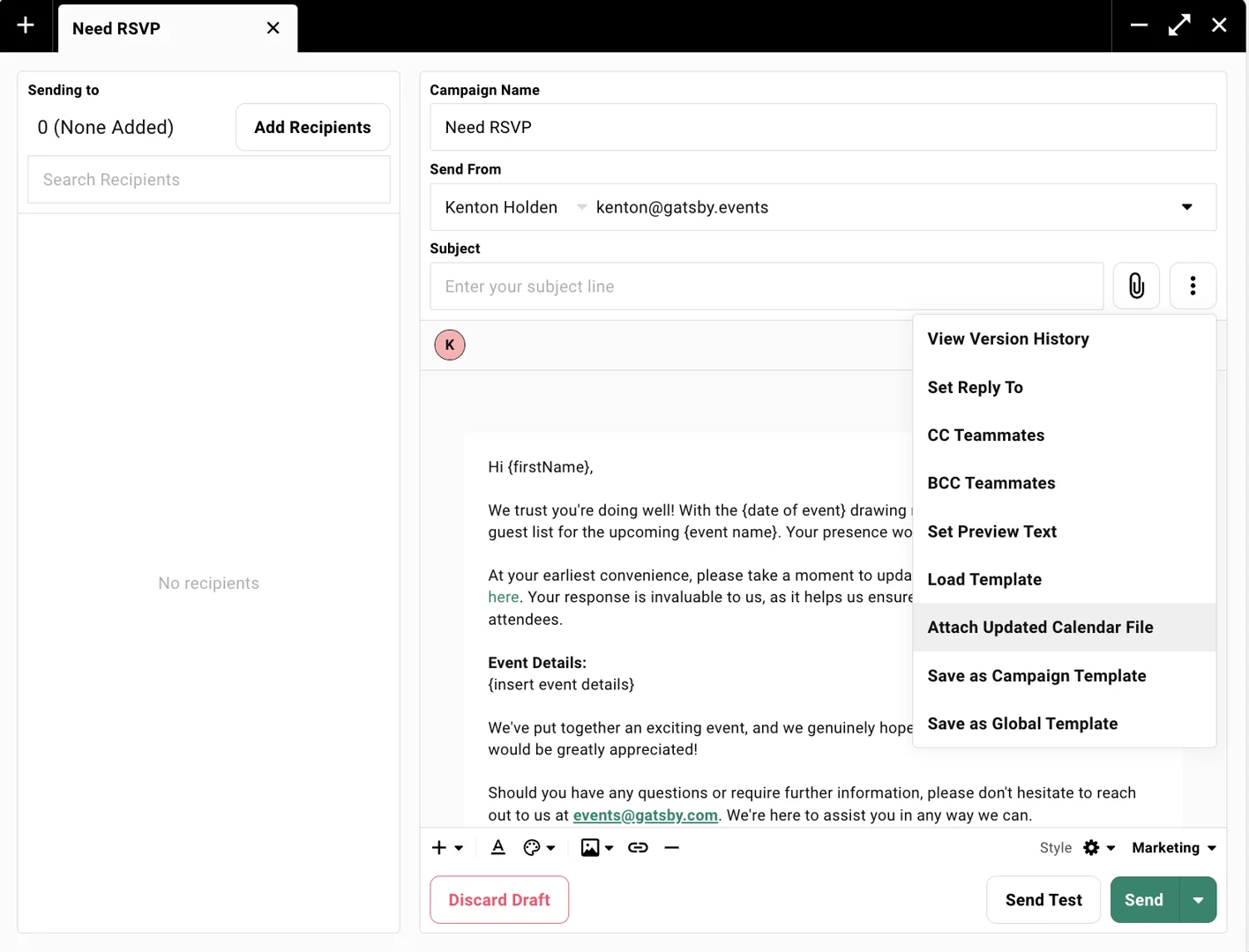 Screenshot showing the option to attach a calendar invite to a campaign