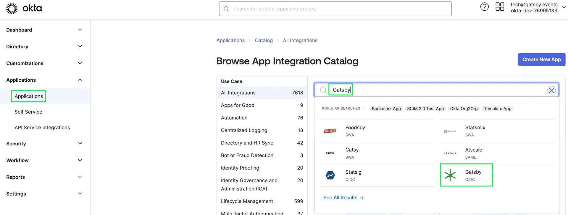 Screenshot from Okta showing Gatsby events