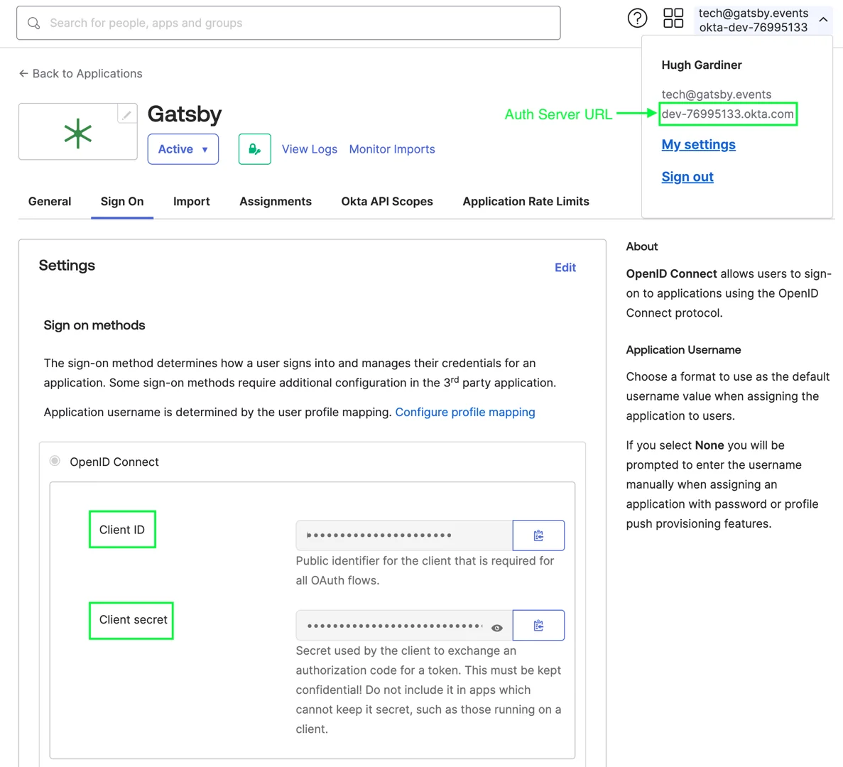Screenshot from Okta showing where to find keys to paste into Gatsby events