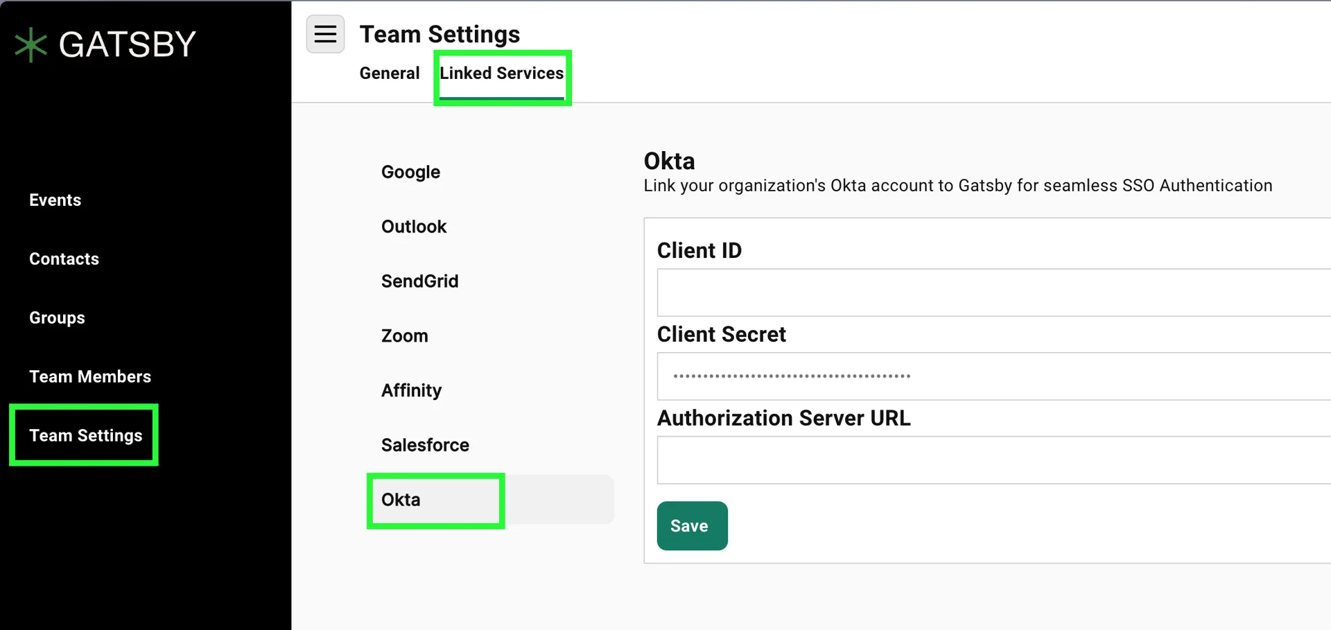 Screenshot Gatsby events showing Okta integration settings