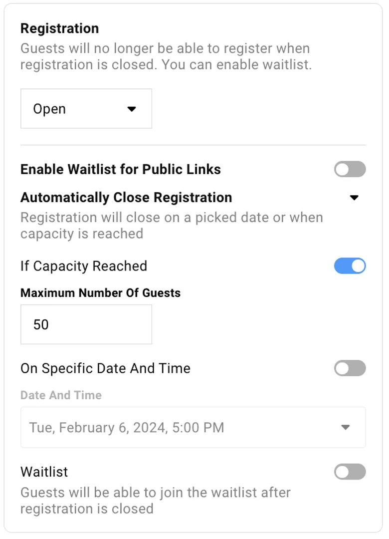 RSVP Registration settings for an event