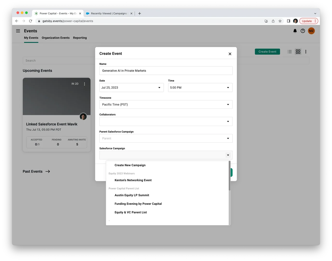 Screenshot showing how to select a Salesforce campaign from a Gatsby event
