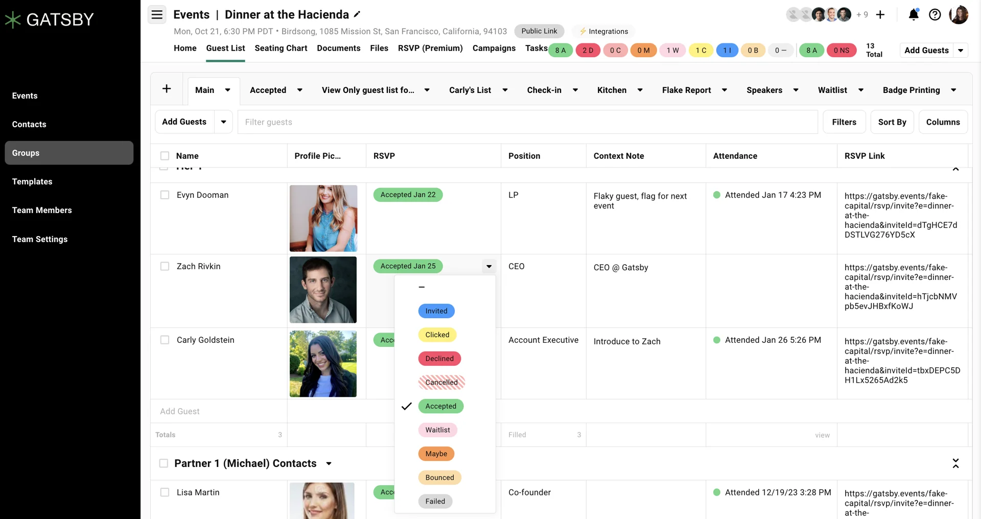 Screenshot showing various RSVP status