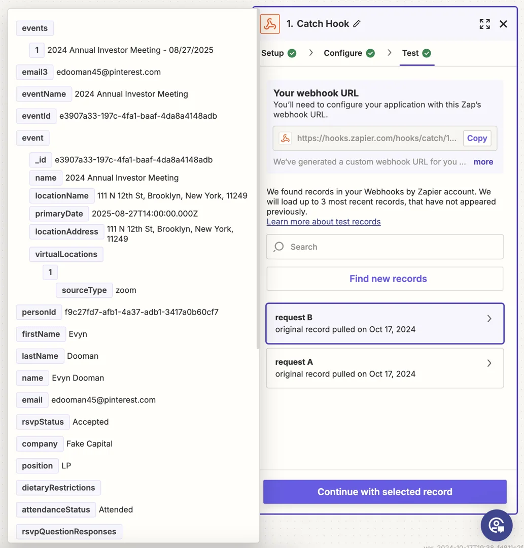 Screenshot from Zapier showing Gatsby data from a webhook