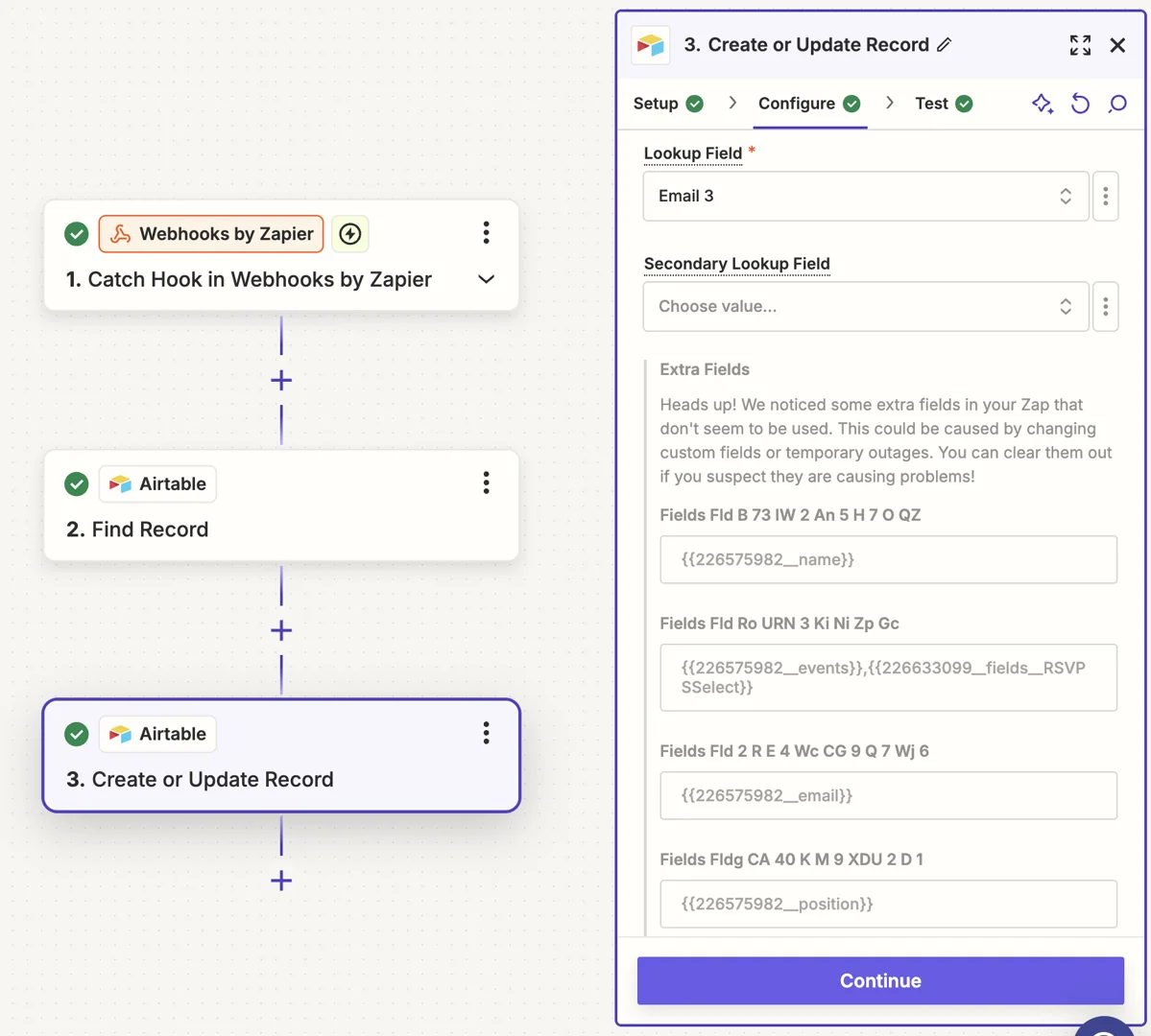 Screenshot from Zapier showing how to map Gatsby events data to Airtable with a webhook trigger