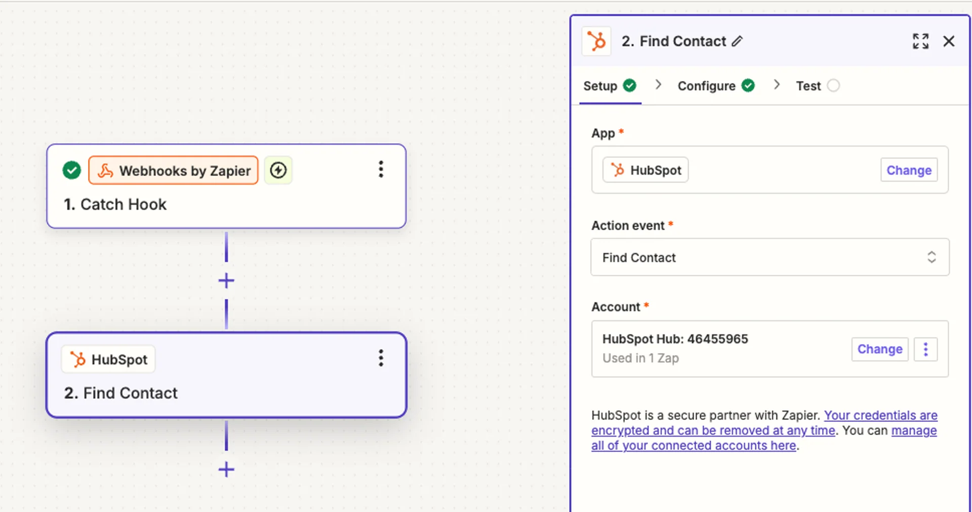 Screenshot from Zapier showing the Hubspot Find Contact action