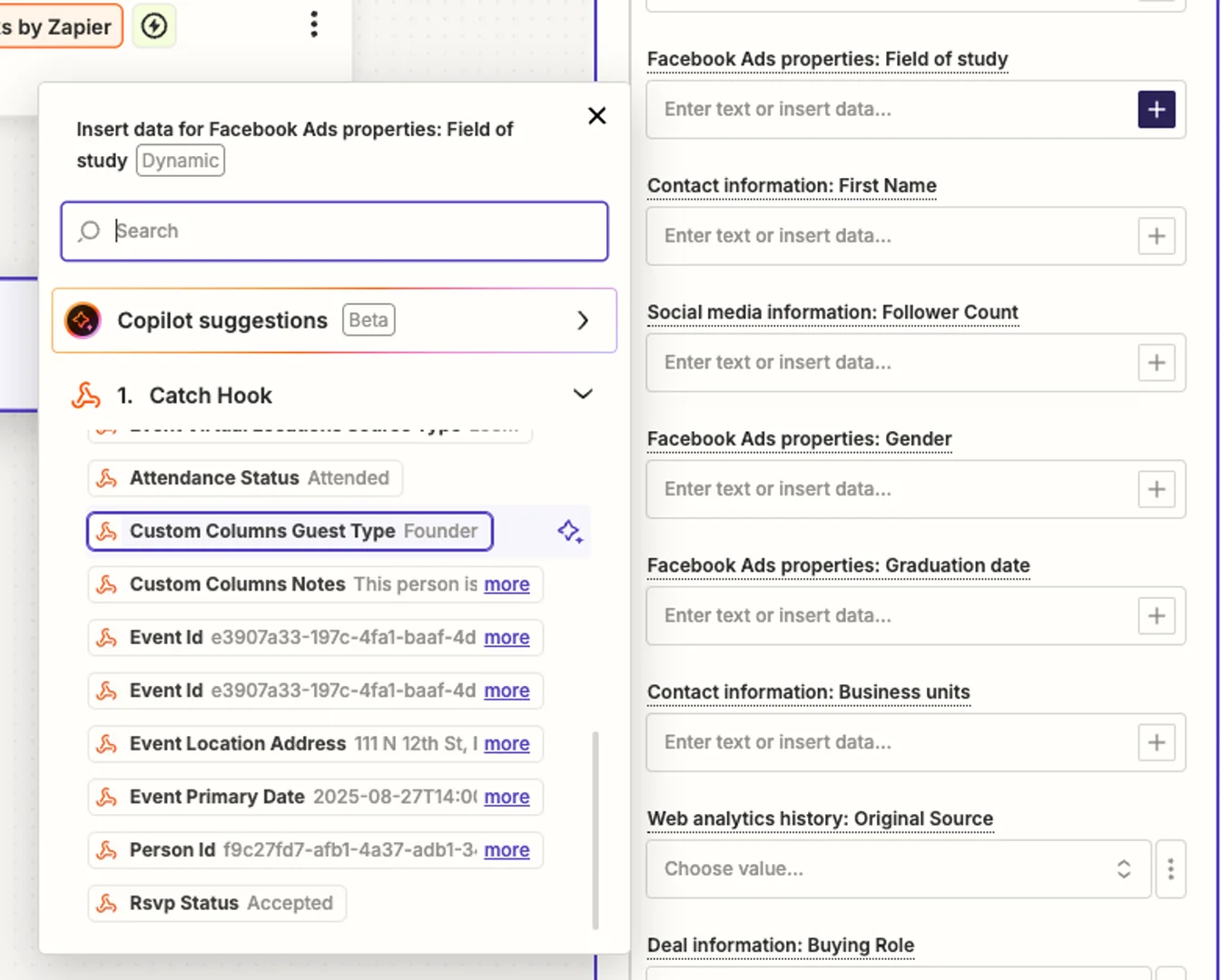 Screenshot from Zapier how to access and map custom field data from your events on Gatsby to Hubspot