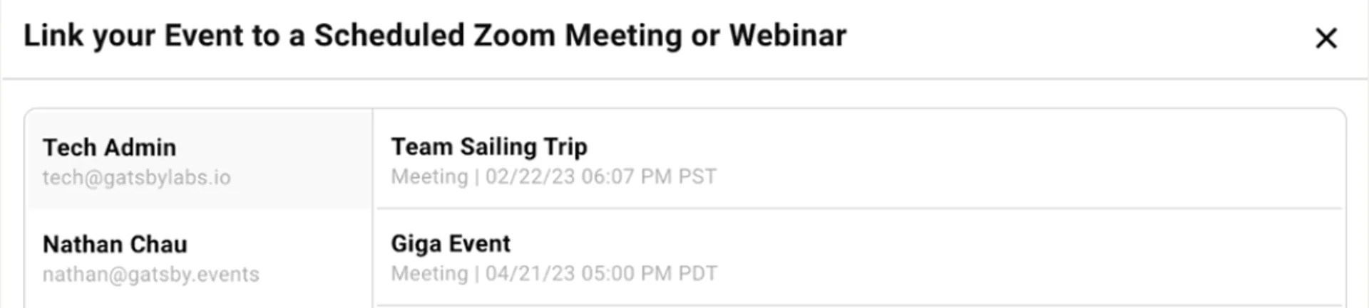 Screenshot showing Gatsby events Zoom meeting selection